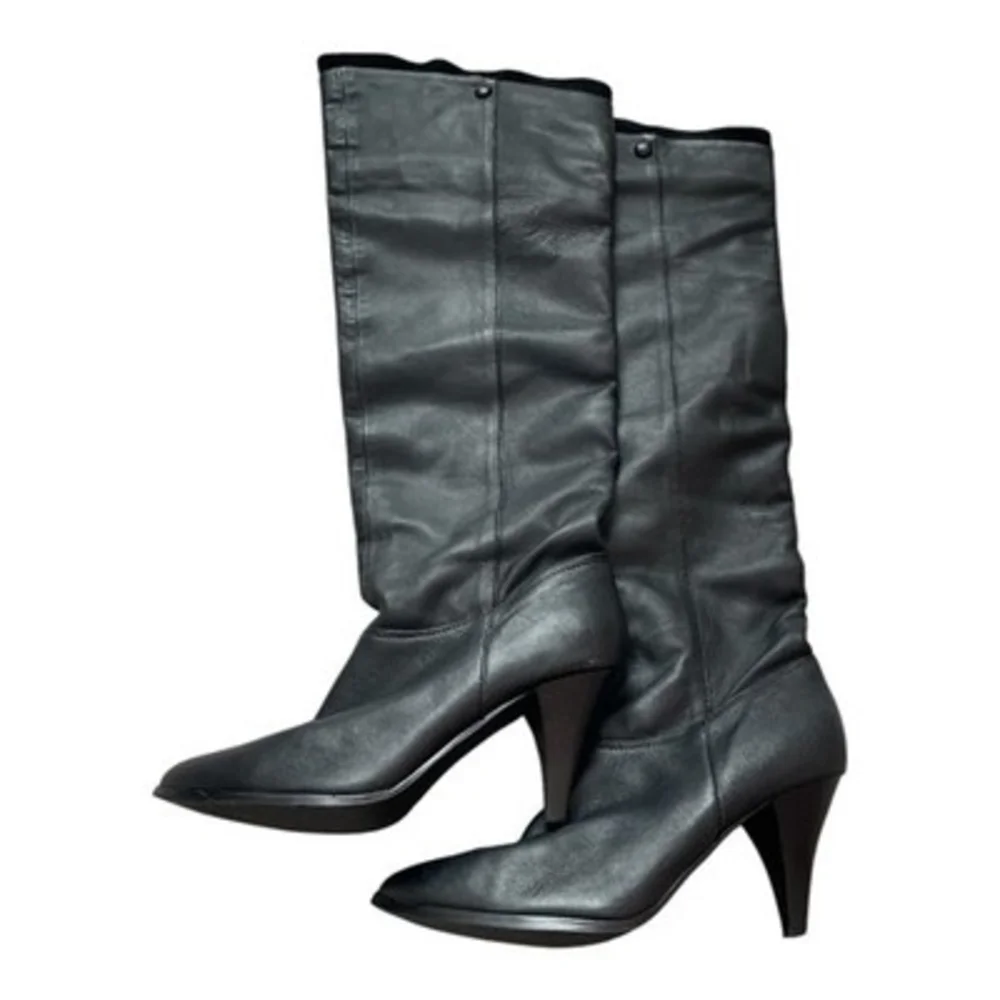 Women’s Black Leather Over Knee Pull On Boots Stiletto Heel Boots US 7